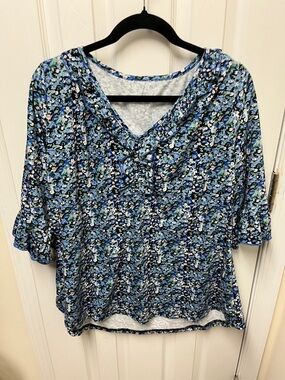 Amazon Blue Floral Lace-Up V-Neck Top